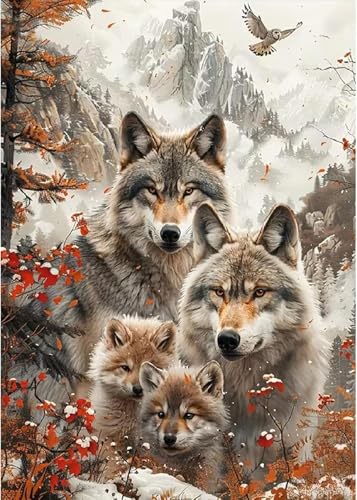 ZeeLionArt Diamond Art Kit, Wolf Family Mountain Landscape, 12 x 16 Inch | Wildlife Scenery 5D DIY Full Square Drill Diamond Painting Kit for Adults & Beginners, Home Wall Decor Craft Gift