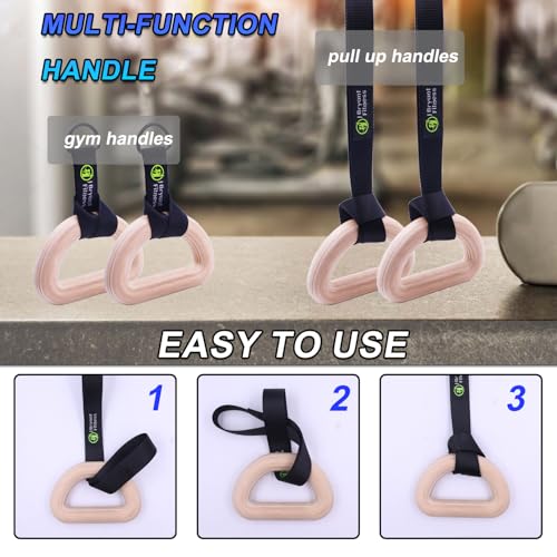 J Bryant Fitness Wooden Gymnastic Rings - Pull Up Grips & LAT Pull Down Gym Handles Design, Sturdy Webbing Straps with D-Rings, Pilates, Strength Training, and Portable Fitness - Includes Carry Bag