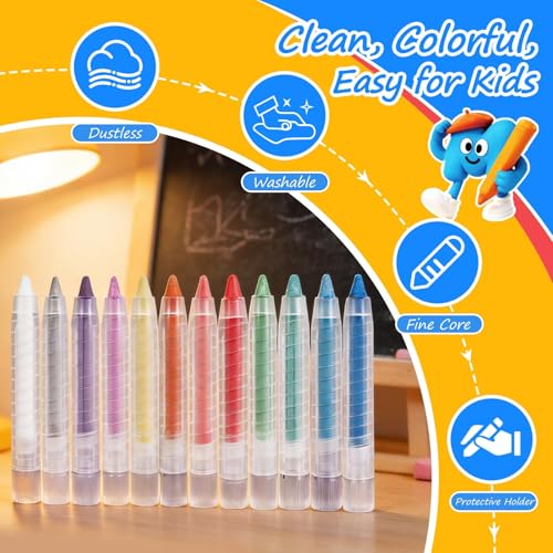 NewFamily Dustless Chalk for Kids, 12 Colors with Twist-Up Holders, Fine-Tip Washable Non-Toxic Chalk for Chalkboards, Easels and Paper, Ages 3+