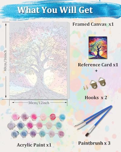 TOCARE Framed Paint by Numbers Kit for Adults,12x16Inch Tree of Life Paint by Numbers with Frame, Life Tree Paint by Number Framed Canvas for Adults Beginner (Without Easel) - color: TC-F-172