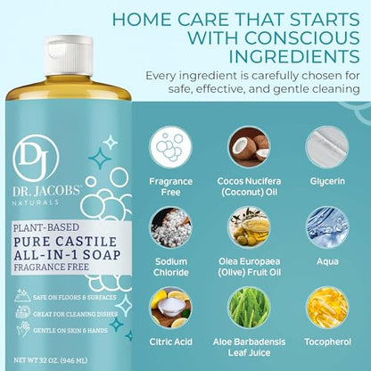 Dr. Jacobs Naturals Fragrance Free Castile All-in-One Cleaner and Soap - Plant-Based Formula for House Cleaning Floors and Appliances - Gentle on Skin and the Planet - 32 oz, 2 Pack - size: 32 Fl Oz (Pack of 2), style: Unscented