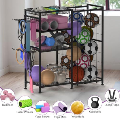 Yoga Mat Holder 4 Tier Home Gym Storage Rack with Hooks and Basket, Metal Sports Equipment Organizer for Dumbbells, Kettlebells, Exercise Balls and Sports Gear, Black