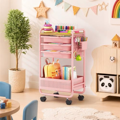 KINGRACK 3 Tier Rolling Cart with Drawer, Metal Utility Storage Cart, Pink | 3 Drawers, Pegboard & Wood Tabletop, Lockable Wheels, 4 Hooks & 1 Bin, for Living Room,Bedroom,Craft Room,Office,Kids Room - color: Pink