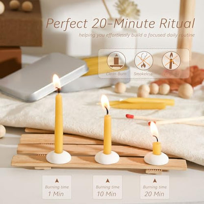 20 Minute 100% Pure Beeswax Candles, Mini Mindful Meditation Taper Candles, Smokeless & Dripless with Holder for Yoga, Prayer, Relaxation (Yellow,24 Pack) - color: Yellow