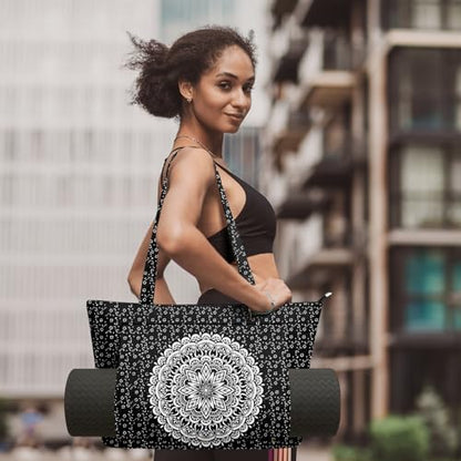 Yoga Bag for Women, Large Canvas Yoga Mat Tote Bag with Yoga Mat Carrier | Large Mat Pocket Fitness Tote for Pilates, Gym, Travel, Office & Beach - color: Black Flower Mandala