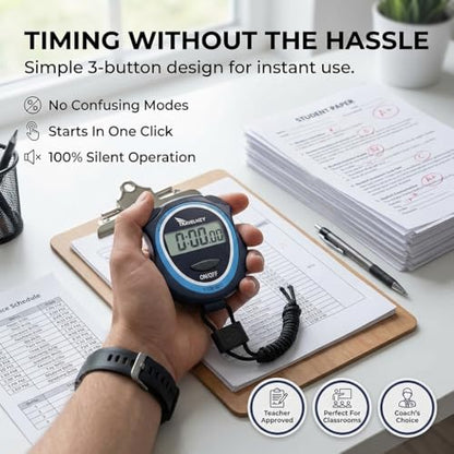Silent Digital Stopwatch Timer for Teachers, Coaches & Kids ‒ Simple Lap Timer, Large Display, No Alarm ‒ Classroom, Exams, Sports, Running & Swimming ‒ AAA Batteries Included