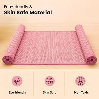 LFH Home Handmade Straw Yoga Mat For Exercise, Workout, Fitness - Perfect Heavy Quality Eco Friendly Natural Straw Reversible Yoga Mat for Men & Women - 72x24 Inch - color: Baby Pink