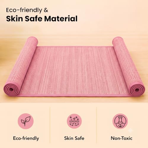 LFH Home Handmade Straw Yoga Mat For Exercise, Workout, Fitness - Perfect Heavy Quality Eco Friendly Natural Straw Reversible Yoga Mat for Men & Women - 72x24 Inch - color: Baby Pink