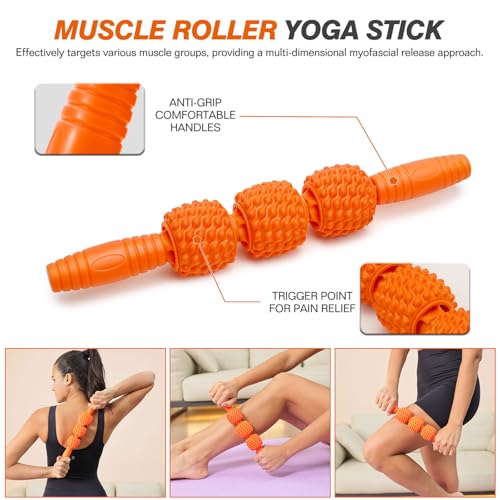 5 in 1 Foam Roller Set - Trigger Point Foam Back Roller, Muscle Roller Stick, Massage Ball, Stretching Band for Deep Muscle Massage Pilates Yoga,Fitness Exercise for Whole Body Release (Orange)