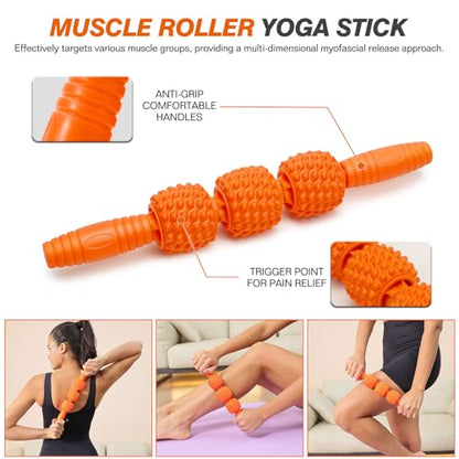 5 in 1 Foam Roller Set - Trigger Point Foam Back Roller, Muscle Roller Stick, Massage Ball, Stretching Band for Deep Muscle Massage Pilates Yoga,Fitness Exercise for Whole Body Release (Orange)