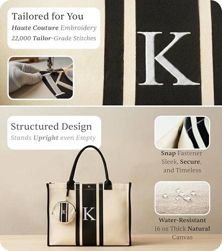 LEAFICO Initial Canvas Tote Bag – Monogrammed Gift for Women | Personalized Letter Tote for Travel Weddings Birthdays - color: E