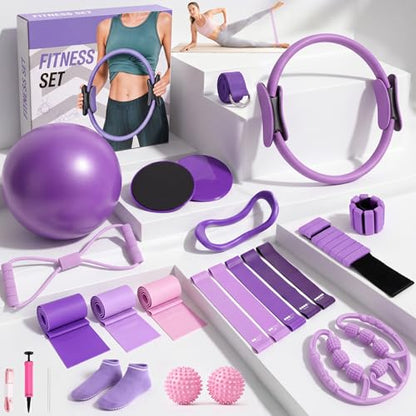 Pilates Kit, 24 in 1Home Pilates Workout Kit for Women, Pilates Equipment with 13" Pilates Ring and Ball, Starter Home Workouts - color: Purple