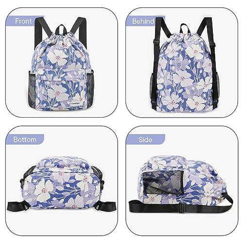 Drawstring Backpack Sports Gym Sackpack with Mesh Pockets String Cinch Beach Bag for Men Women(Blue Flower) - color: Blue Flower