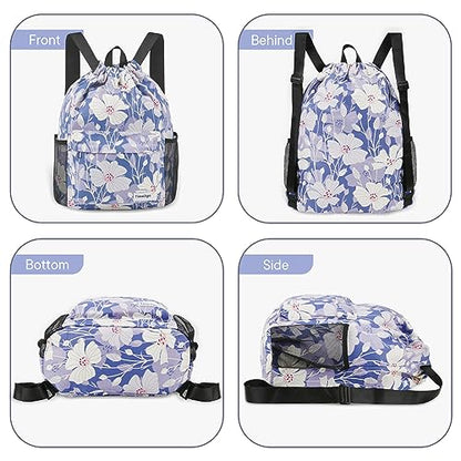 Drawstring Backpack Sports Gym Sackpack with Mesh Pockets String Cinch Beach Bag for Men Women(Blue Flower) - color: Blue Flower