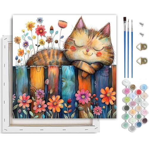 TCDZMYGS Cat Paint by Numbers Kit for Adults Beginner,Flowers Adult Paint by Number Kits on Canvas with Frame,DIY Acrylic Oil Painting by Numbers Kits for Home Wall Decor 10x10 inch - color: paint by number-cat-1203