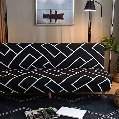 MIFXIN Armless Sofa Cover Futon Slipcover Stretch Elastic Folding Sofa Bed Cover Non-Armrest Couch Furniture Protector Printed Washable Sofa Cover(Black White) - color: Black White