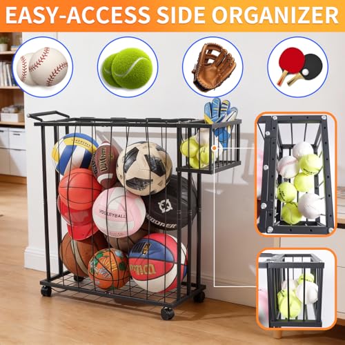 Multi-Sport Ball Storage Cart with Side Basket for Gloves & Tennis; Gravity-Access Elastic Straps for Kids; Rolling Garage Organizer Rack for Basketballs, Soccer & Yoga Mats - Multi-Athlete Families