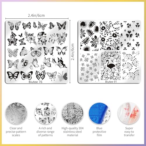 Biutee Nail Stamping Plate 15 PCS Nail Stamping Kit with Nail Stamper | Nail Art Stamping Plate with Scraper & Storage Bag, Nail Stamper Kit Star Bowknot Love Butterfly Leaf Design for DIY Nail Art - color: 19 Piece Set