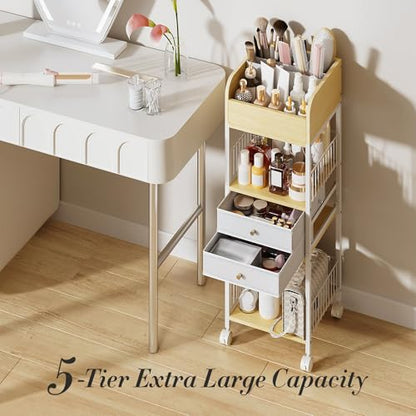 4-Tier Rolling Cart with Drawers, Mobile Storage Organizer | Steel Frame & Wood Shelves, Smooth-Rolling Lockable Casters, Easy Assembly, Organizes Makeup, Skincare & Household Essentials