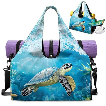 Yoga Mat Bag for Men Women Canvas Yoga Mat Carrier Take In Out Mat Easily for Beach Swim Bags Pool Sports Gym - color: Blue Sea Turtle