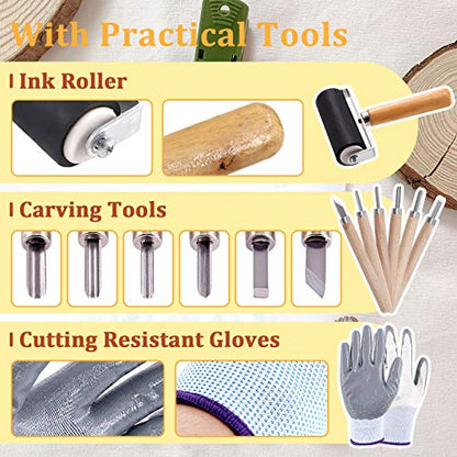 Keadic 24 Pieces Rubber Block Stamps Carving Starter Tool Kit, Comes with Stamp Block, Ink Roller, 6 Carving Tools, Tracing Papers, Pencil & Ink Mixing Tray for Stamp Carving and Printmaking