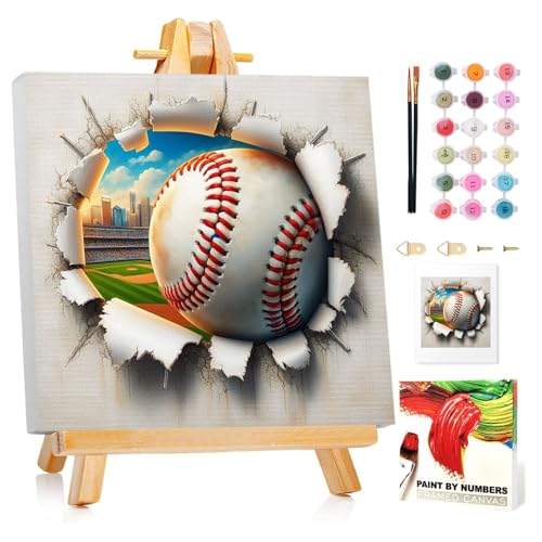 Baseball Paint by Numbers Kit for Kids, 8x8 inch | DIY Paint by Numbers for Kids, Ages 4-8-12, with Frame, Wooden Easel, Gifts Box, Fun and Relaxing,Home Wall Decor - color: Baseball