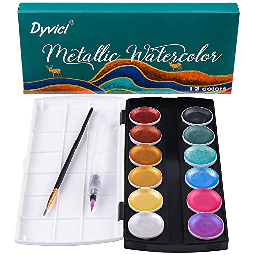 Dyvicl Metallic Watercolor Paint Set, 12 Shimmer Colors with Water Brush, Glitter Watercolors for Painting, Illustrating, Card Making, Coloring Books