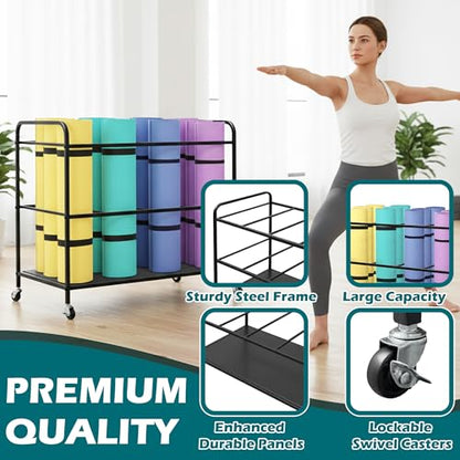 Yoga Mat Rack Storage Basket with Wheels,All-in-One Organizer for Yoga Mat Holder,Home Gym Equipment Storage Cart for Dumbbells, Kettlebells and Foam Rollers