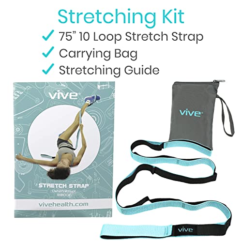 Vive Stretch Strap (75" - 10 Loops) - Leg Stretch Band to Improve Flexibility - Stretching Out Yoga Strap - Exercise and Physical Therapy Belt for Rehab, Pilates and Gymnastics with Guide Book - color: Teal