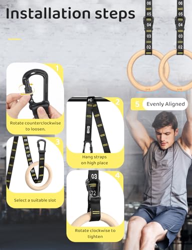 GHB Gymnastic Rings Wooden Gym Rings 1.25" Olympic Rings Adjustable Straps Pull Up Rings Sets for Workout Bodyweight Fitness Training - style: 32mm Rings & Carabiner Numbered Straps Set