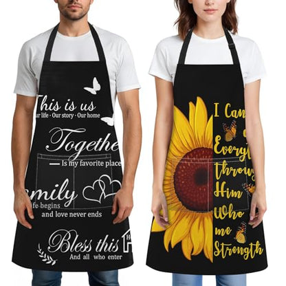 Apron with Pockets, 32x28 inch, 2 Pack, Sunflower | Butterfly Floral Botanical Adjustable Bib with Pockets for Women Men Couple Lovers Chef Home Baking Gardening - color: Black Yellow