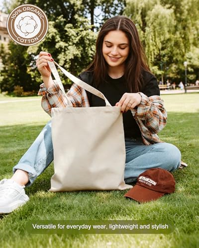 Canvas Tote Bag with Zipper for Women, Halloween Trick or Treat Bags Bulk | 13.8" x 15.3" Fashionable Two-Tone Cotton Tote Bag for Crafts, DIY Your Creative Designs - color: [A2] Beige