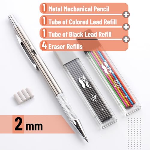 Mr. Pen- Metal Mechanical Pencil Set with Lead Refills & Erasers, 2mm | HB & Colored Lead Refills, 4x Eraser Refills for School Supplies, Note Taking, Drawing, Sketching, Office - style: 2.0mm