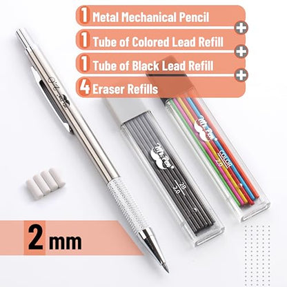 Mr. Pen- Metal Mechanical Pencil Set with Lead Refills & Erasers, 2mm | HB & Colored Lead Refills, 4x Eraser Refills for School Supplies, Note Taking, Drawing, Sketching, Office - style: 2.0mm