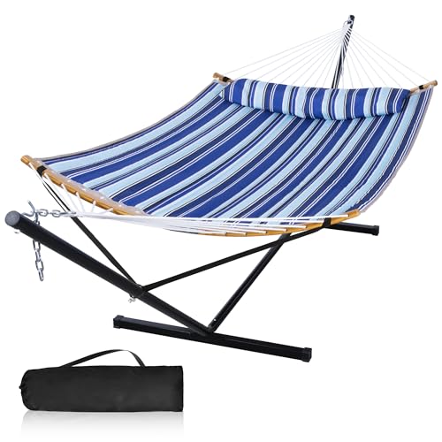 Patio Hammock with 12FT Stand, Heavy Duty Hammock Blue Stripes | Freestanding Hammock with Curved Spreader Bars, Pillow, Safety Ropes and Portable Carring Bag, Outdoor Hammock, Max 450 Lbs - color: A-blue Stripes