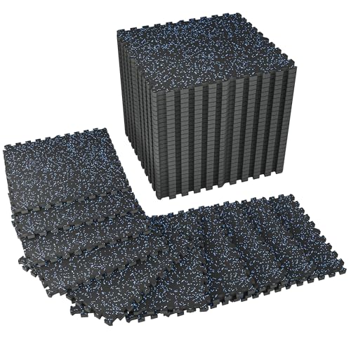 SUPERJARE 1" Extra-Thick Rubber Top Exercise Mat, Gym Flooring for Home Gym | Puzzle Gym Mat for Workout Equipment, Interlocking Floor Tiles with EVA Foam, 36 Pcs 144 Sq Ft, Black/Blue - size: 36 Tiles (144 Sq Ft)