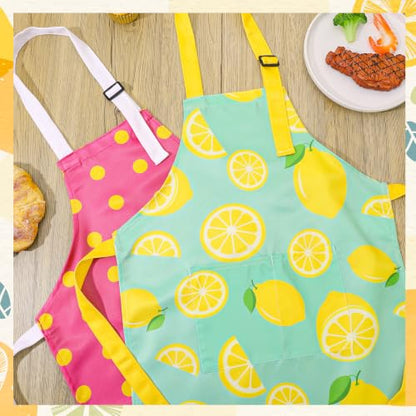 2 Pack Kids Apron, Cute Cooking Aprons, Waterproof Art Apron with Pockets, Toddler Painting Artist Apron Adjustable - color: Lemon and Pink Polka Dots, size: 45*62cm