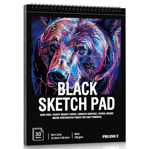 Black Paper Sketchbook 9 × 12 in, 30 Sheets, 160gsm Spiral Bound | Acid-Free 98Lb Black Paper, Lays Flat, Clean Tear-Out Pages, for Colored Pencil, Chalk, Gel Pens And Mixed Media - size: 9×12 Inch (1 pack)