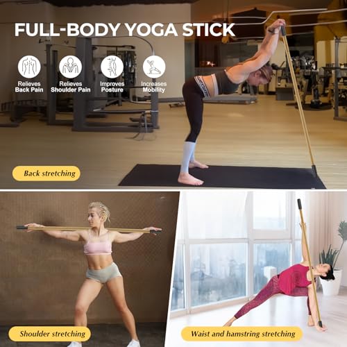 Bamboo Yoga Stick, 58.5-Inch Stretching Stick for Exercise | 58.5 in one-piece bamboo stretch bar with non-slip rubber ends for flexibility, posture, Pilates and therapy exercises