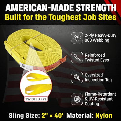 DD Sling 2" × 40' Nylon Lifting Sling – USA Made, 6,400 lb Vertical, 5,100 lb Choker, 12,800 lb Basket – 2-Ply Heavy Duty 900 Webbing, Type 4 Twisted Eye & Eye Rigging Sling - size: 2 in x 40 ft