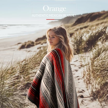 Hydration Nation Authentic Extra Large Mexican Blanket (70"x50") - Handwoven Yoga, Serape - Artisanal Falsa, Beach, Camping, Picnic, Outdoor(Orange) - color: Orange