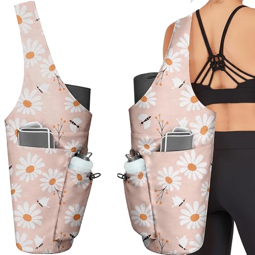 Yoga Bag for Women, Large Yoga Mat Bag Tote Carrier with Wet Dry Pocket | Water Bottle Holder & Adjustable Strap, Fits 1/2" Thick Yoga Mat for Gym, Pilates, Travel, Work - color: Pink Daisy