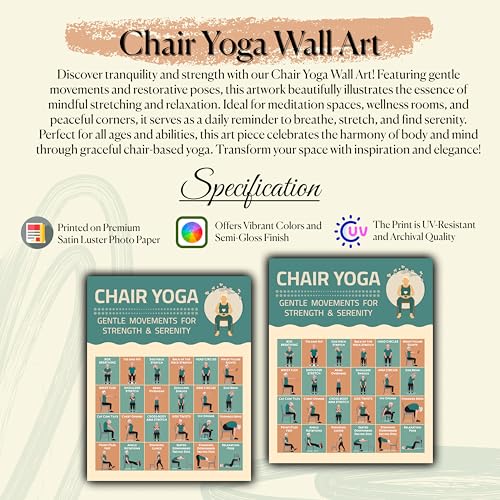 Chair Yoga Exercise Poster - Illustrated Stretching Poses Chart, Workouts, Instructions, Mobility Practice, Inspirational Routine, Wall Art for Seniors, Home Gym Picture, Meditation Decor, Flexibility - size: 11"L x 14"W