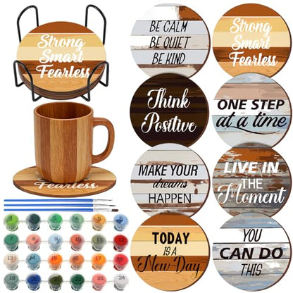 Reallnaive 8 Pcs Inspirational Paint by Number Kit for Adult Wooden Coaster | Mini Paint by Numbers, Farmhouse Motivational Round Oil Painting Drink Coaster with Holder, for Small DIY Craft Birthday Gift - style: Farmhouse
