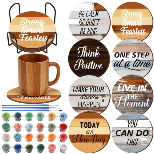 Reallnaive 8 Pcs Inspirational Paint by Number Kit for Adult Wooden Coaster | Mini Paint by Numbers, Farmhouse Motivational Round Oil Painting Drink Coaster with Holder, for Small DIY Craft Birthday Gift - style: Farmhouse