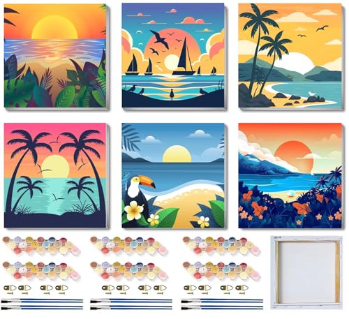 SYDYLH 6 Pack Framed Paint by Numbers for Adults and Kids Beginner，Landscape-Beach DIY Acrylic Painting Paint by Numbers Kits on Canvas for Kids Ages 4-8-12 Perfect for Home Wall Decor(8x8in) - color: Landscape-Beach Paint By Numbers with Framed 6-pack, s
