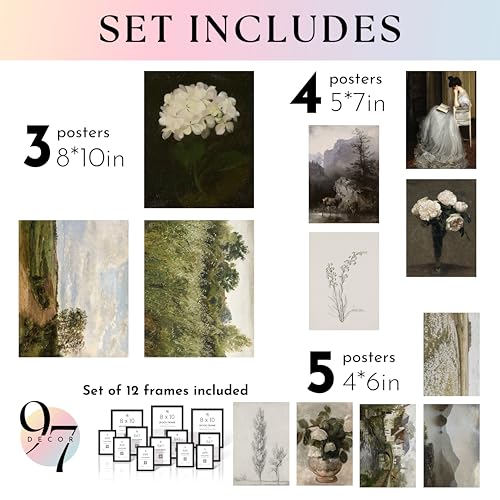 97 Decor Moody Vintage Wall Art, 12 Pcs French Country Prints | Dark botanical and portrait art, cozy cottage gallery wall, bedroom and living room, 8x10, 5x7 and 4x6, unframed - color: Vintage