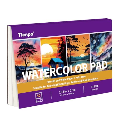Tlenpo Watercolor Paper Pad, 8.5 x5.5 in, 110lb/230gsm, 50 Sheets Artist Painting Drawing Paper Book, Art Supplies for Adults Kids, Acid-Free Water Color Paper for Beginner Students - size: B-8.5×5.5in