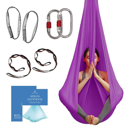 Aerial Yoga Hammock Swing, 4.5 Yards, Aerial Silks with Hardware | Knitted fabric with extension straps and a pose guide for aerial yoga, home gym and studio practice, suitable for all levels - color: Royal-Purple, size: 4.5 yards