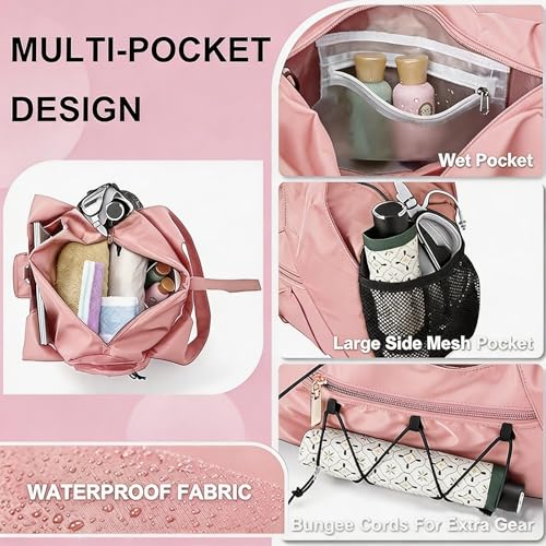 Gym Bag for Women, Yoga Mat Bag with Shoe Compartment and Wet Pocket, Sport Yoga Gym Bag with Yoga Strap, Carryall Yoga Tote Bag - color: Pink